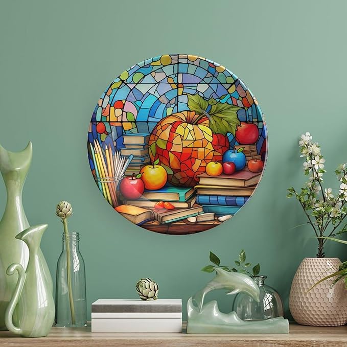Decorative Plates for Wall Hanging, Back to School Stained Glass Painting Ceramic Plate w/ Display Stand, Home Decor for Kitchen Cabinets, Farmhouse Round Tray 6 Inch, Gift for Teacher Or Student