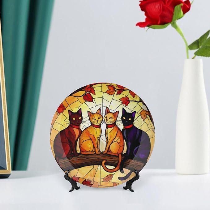 Cat theme Decorative Ceramic Plate Round Porcelain Plate,8 inch,Autumn Stained Glass pattern,for Decorative Ornaments Giving Plates,1 Plate with 1 Display Stand,Orange red