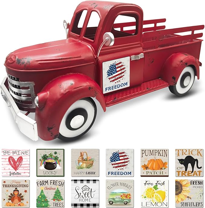 Patriotic Decorations 13.4 Inch Farmhouse Vintage Red Truck with 12 Magnets Interchangeable Seasonal Decor Rustic Metal Pickup 4th of July Decor 250 America Anniversary Centerpieces for Home