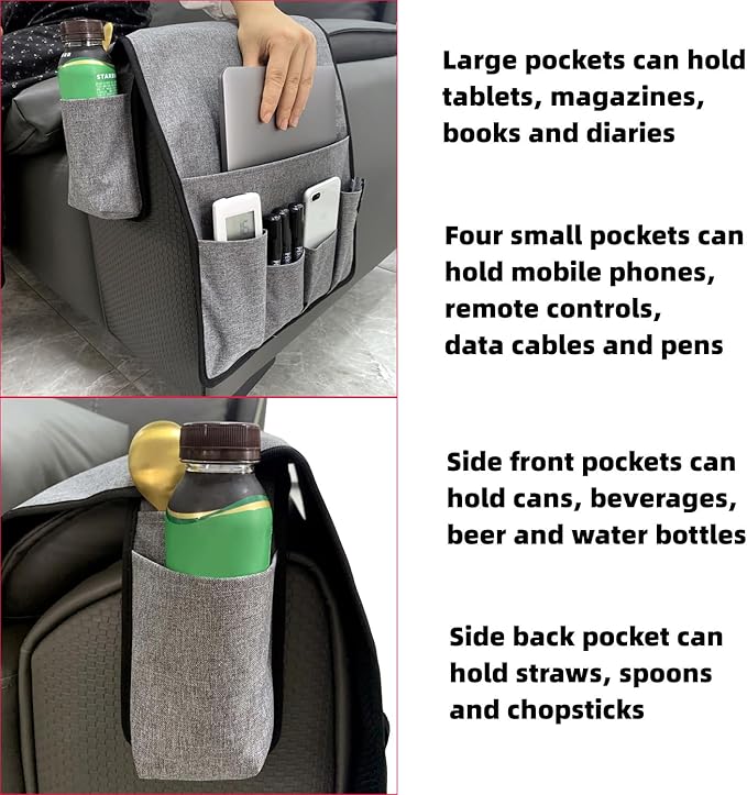 Wanty Sofa Armrest Organizer Couch Arm Chair Caddy Sofa Cover Storage Holder for Remote Control Magazine Book Smart Phone Tablet Drinks and Water Bottle (Gray)