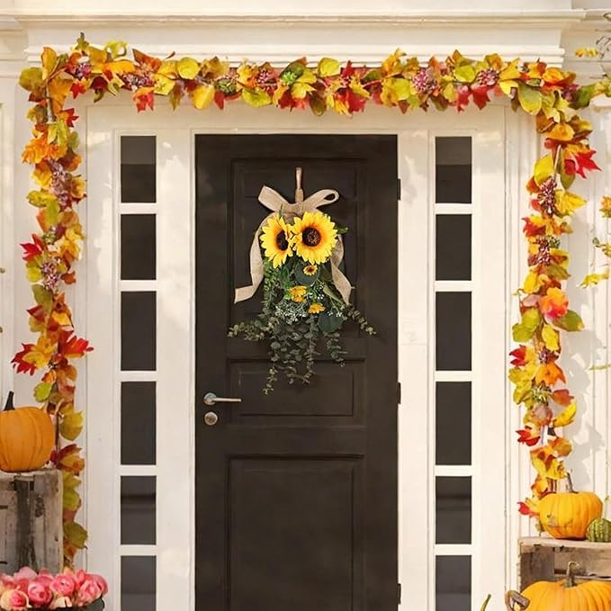 Sunflower Swag Lifelike Rustic with Green Leaves Garland Adornment Spring Summer Door Wreath Flower Swag for Holiday Window