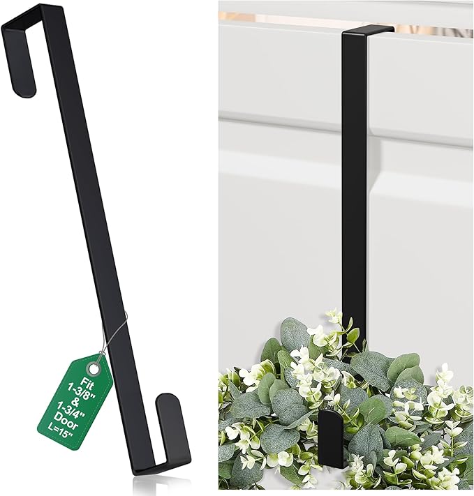15" Reversible Wreath Hanger for Front Door, Fits Most Doors up to 1-3/4", Heavy Duty Steel Over The Door Hooks Hold up to 80 LBS for Spring & Easter Wreaths, Seasonal Door Decor (Black 1 Pack)