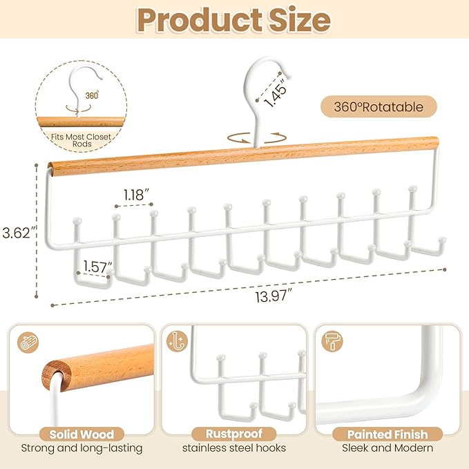 2PCS Tie Rack Hanger for Closet Upgraded 2-in-1 Tie and Belt Hanger Non Slip Tie Rack with 20 Hooks Tie Hanger Space Saving Wooden Belt Tie Organizer for Tank Tops Bras Cami Scarves, Wooden