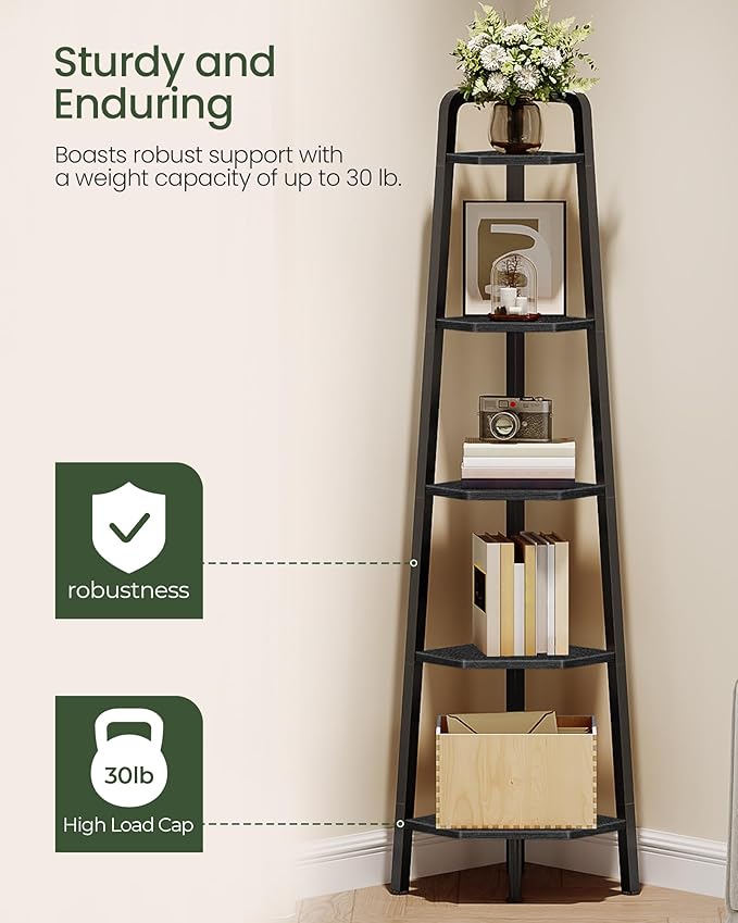 CHOEZON Corner Shelf, 5-Tier Ladder Corner Shelf, Ladder Bookshelf, 59.6" Tall Vertical Display Stand, Metal Frame Bookshelf, for Living Room, Bedroom, Kitchen, Black TCJ20BB