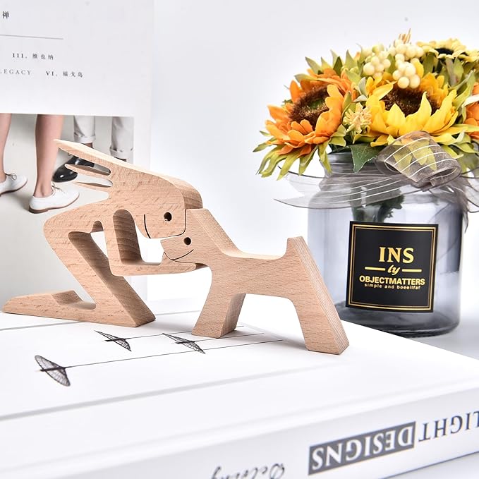ISHINE Wood Decor Wooden Statue Man and Dog Figurine Handmade Carved Creative Home Office Gift for Men Women Accents Decoration Natural ECO Friendly 7x3 inches (A-Woman Kisses Dog)