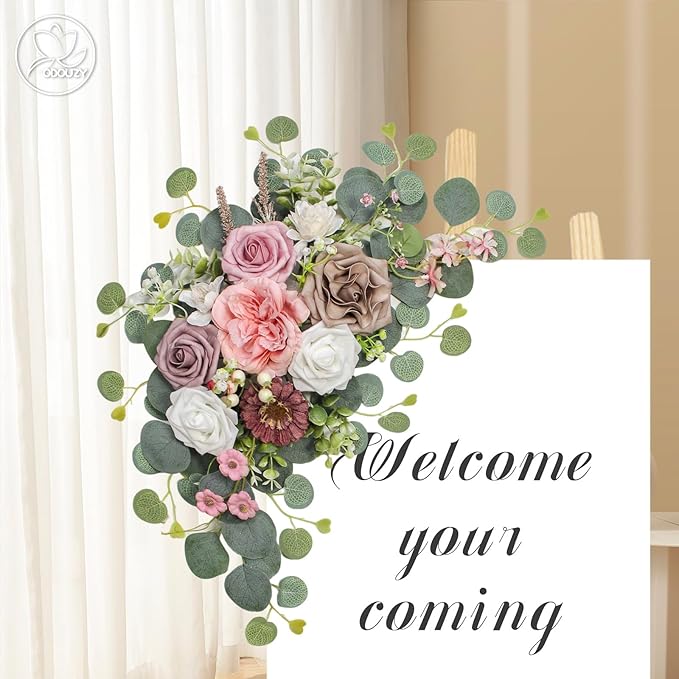 Odouzy Artificial Wedding Arch Flowers for Wedding Sign,Set of 2 for Wedding Welcome Ceremony Sign,Faux Floral Swags,Wedding, Banquet and Reception Backdrop Floral Decoration (Coffee Pink)