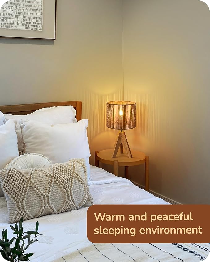 EDISHINE Small Rattan Table Lamp, Wood Tripod Bedside Lamp, Boho Nightstand Lamp for Living Room, End Table, Office, E26 Base, Natural Style