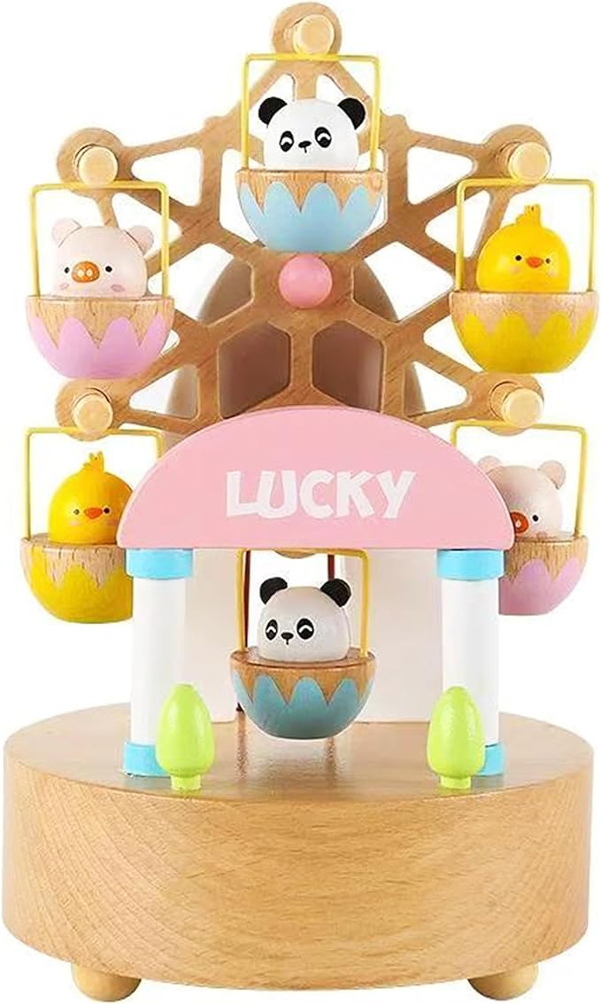 Natural Solid Wood Handcrafted Beech Wooden, Musical FigureTotoro/Carousel/Fairy/Ballerina Figurine,Rotating Hand Crank Mechanism Music Box,Musical Decorations (Colorful Skywheel)