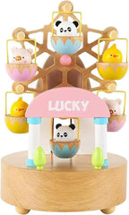 Natural Solid Wood Handcrafted Beech Wooden, Musical FigureTotoro/Carousel/Fairy/Ballerina Figurine,Rotating Hand Crank Mechanism Music Box,Musical Decorations (Colorful Skywheel)