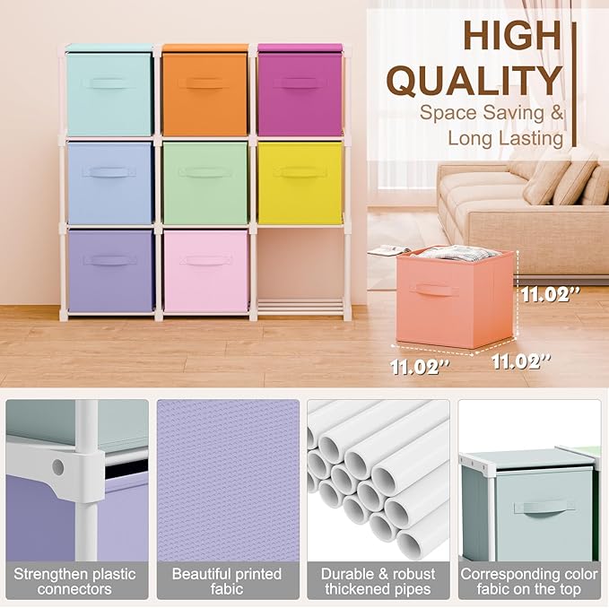 9 Cube Storage Organizer with Shelf Back to School Boxes 11 Inch Toy Storage Bins Closet Organizers Drawers Fabric Dresser for Playroom Books Bedroom Dorm Kitchen (Macaron Colors)