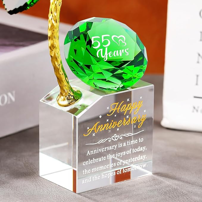 YWHL 55th Wedding Anniversary Rose Gifts for Parents Grandparents, 55 Years Happy for Couples, Crystal Rose Figurine with Emerale Diamond, Valentines Day Present for Her Him