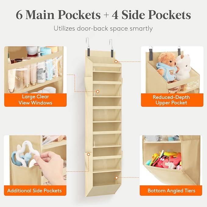 Lifewit 1 Pack Over the Door Organizer, Clear Window Hanging Storage with 4 Side Pockets, Anti Tilt 40 lbs Load Behind Door for Pantry, Nursery, Bathroom, Bedroom, Dorm, 6 Section, Beige