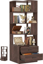 Armocity Corner Bookshelf with Drawers, 7 Tier Corner Book Shelf Display Bookcase, Freestanding L Shaped Bookshelf for Bedroom, Living Room, Home Office, Black Walnut