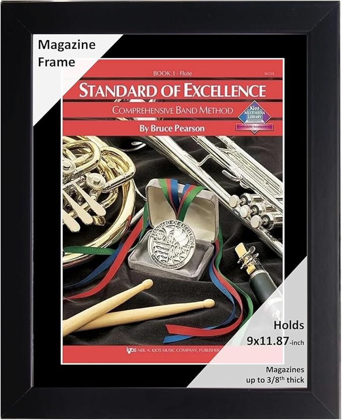 Creative Picture Frames 9 x 11.87 Magazine Frame with Full-Strength Glass, Holds Up To A 1/4" Thick Media with Installed Hangers for Easy Mounting, 11x14 Black Frame with Black Mat