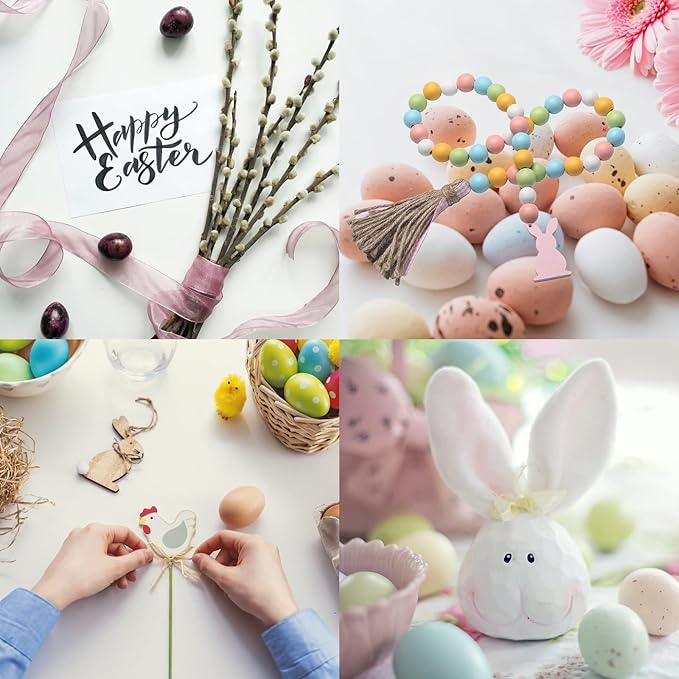 Easter Spring Wood Beaded Garland with Tassels and Bunny Tag Farmhouse Wooden Beads for Tiered Tray Decorations Holiday Country Rustic Prayer Boho Beads Rae Dunn Shelf Décor (Easter Bunny Pink)