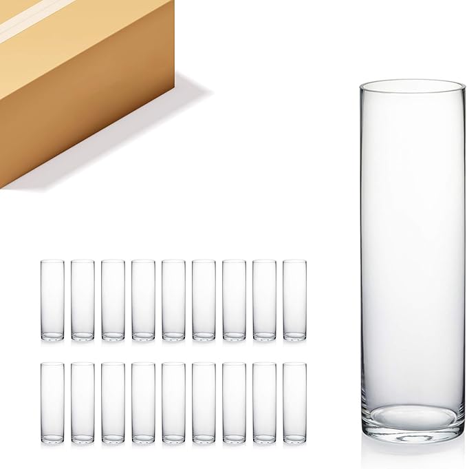 WGVI Quality Thick Weighted Clear Cylinder Glass Vases, 3" W x 10" H, Flower Bud Vase Skinny Narrow Floral Bouquet Container Centerpieces Tabletop Pen Brush Holder, Bulk Wholesale, 18 Pieces