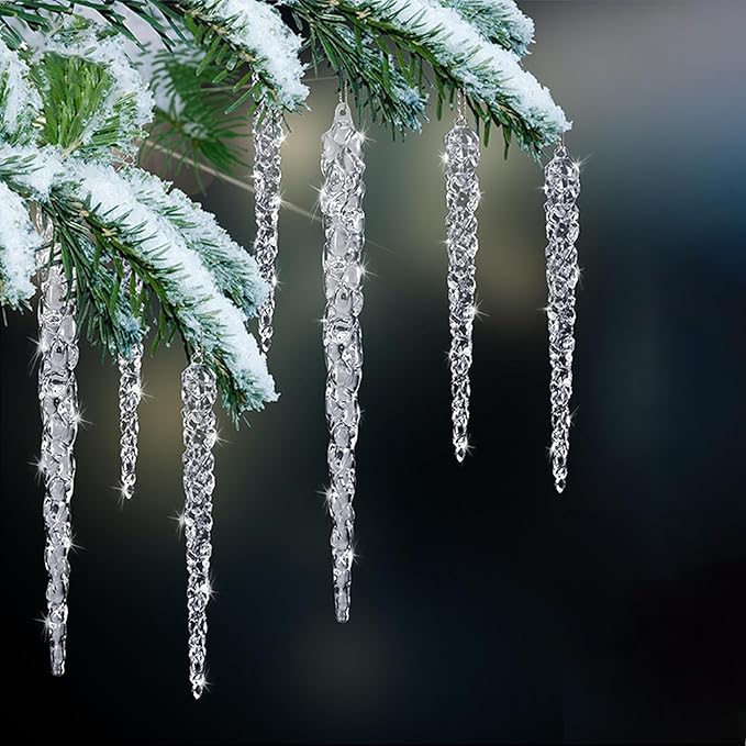 24pk Christmas Icicle Ornaments for Christmas Tree Decorations, Hanging Acrylic Crystal Christmas Ornaments 5.1" Clear Plastic Icicles for Xmas Tree Winter Wonderland Home Decor Holiday Party Supplies