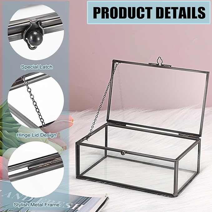 Hipiwe Vintage Glass Keepsake Box - Rectangle Jewelry Display Organizer with Lidded Box for Home Decor and Storage of Trinket Rings, Bracelet - Black, Small