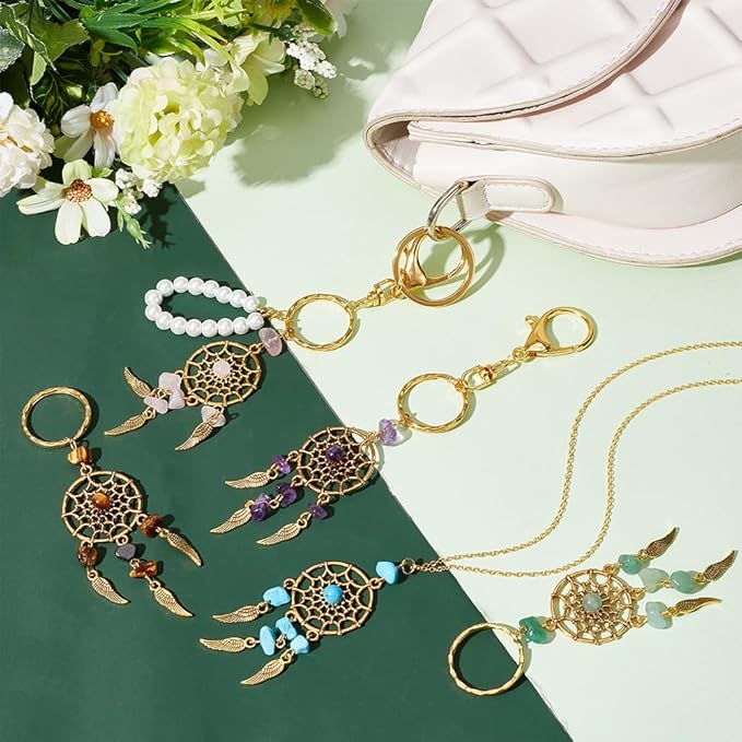 PH PandaHall 12pcs Dream Catcher Keychain Stone Key Chains Crystal Quartz Gemstone key Rings Feather Key Chain Dream Catcher Keyring Lucky Decor for Bag Home Hanging Ring Ornaments Car Pendant
