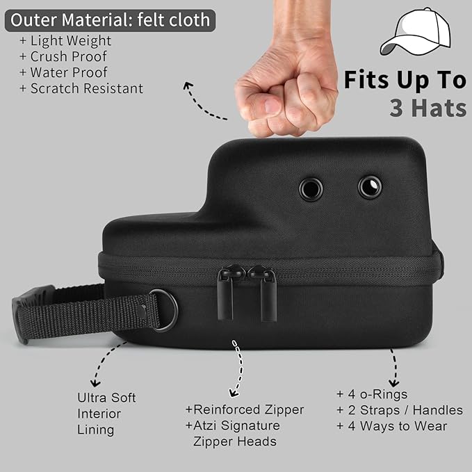 Hard baseball hat case, Hat Carrier Travel Case with Adjustable Shoulder Strap, Hat cap case for 3 Baseball Caps - Perfect for Traveling & At-Home Storage (Black)