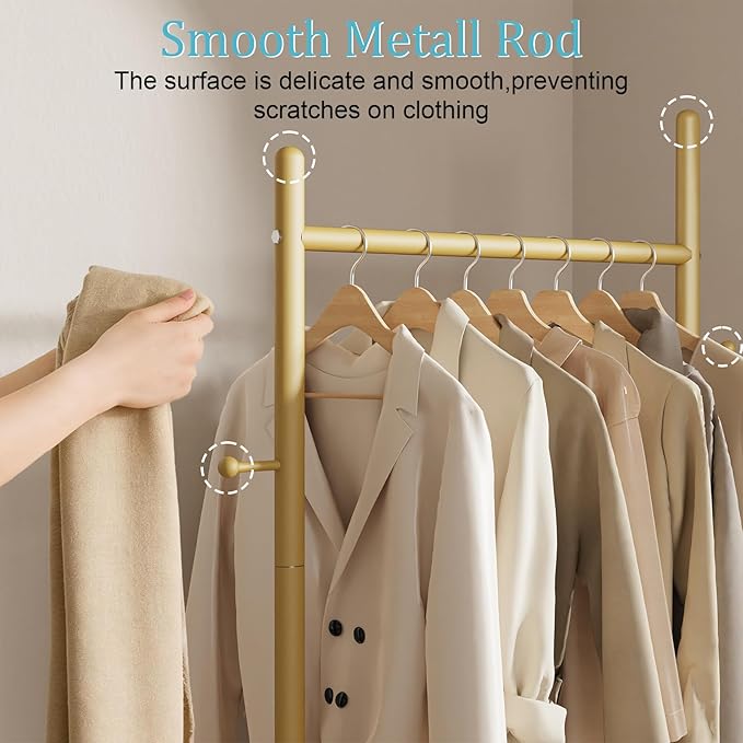 Nianerfaya Coat Hanger Stand with 2 Hooks, Standing Garment Storage for Indoor - Coat Tree for Hanging Clothes for Bedroom - 25.6" Wide Heavy Duty Clothe Rack Metal Clothing Hanger Rack (Gold)