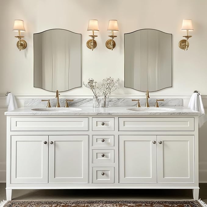 ANDY STAR Scalloped Bathroom Mirror，24"x32" Gold Rectangle Wall Mirror with Curved Edge Stainless Steel Metal Frame, Brass Vanity Wall-Mounted Mirror for Bathroom, Entryway