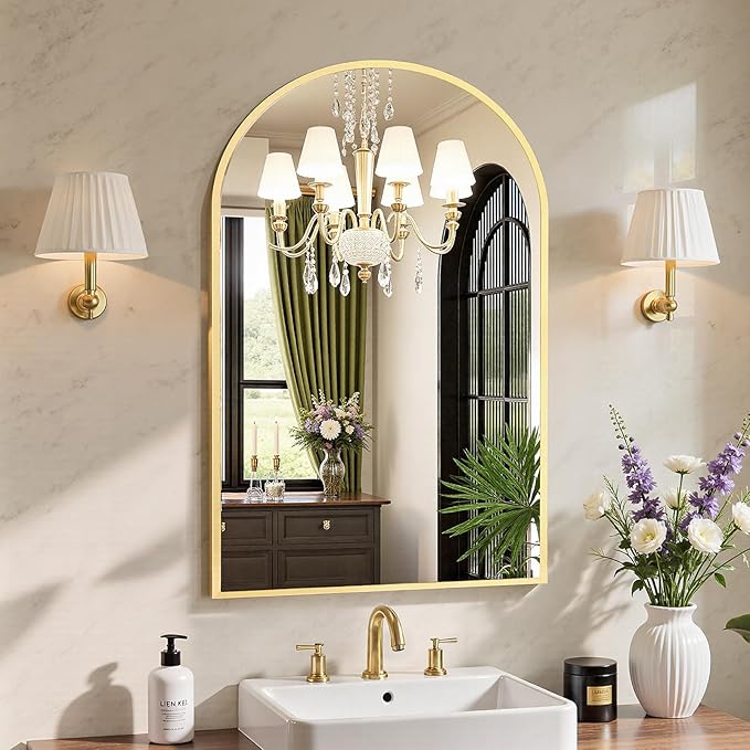 Sweetcrispy 20"x30" Arched Gold Bathroom Mirrors for Wall, Bathroom Mirrors for Over Sink, Metal Framed with HD Shatter-Proof Glass for Entryway, Living Room, Bedroom
