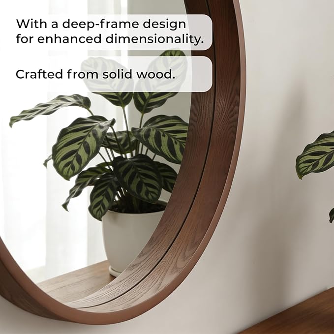 WallBeyond 24 Inch Round Wood Mirror, Circle Wooden Frame Wall Mirror for Bathroom, Living Room, Bedroom, Entryway (Walnut)