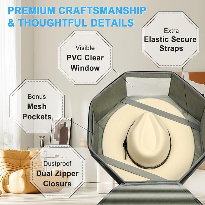 Hat Box for Travel & Home Closet Storage, Side Reinforced Octagonal Case, Crush-proof, Dust-proof for Cowboy, Panama & Fedora Hats, Grey