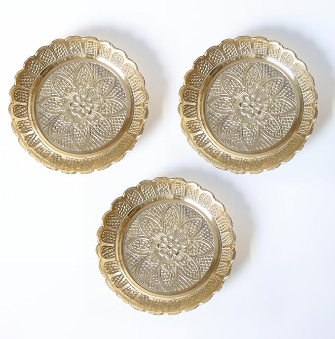 Shubhkart Solid Brass Decorative Nakshi Plate Set for Puja, Decoration & Diwali Gifting (Large 11 cm, Pack of 3, Solid Brass)