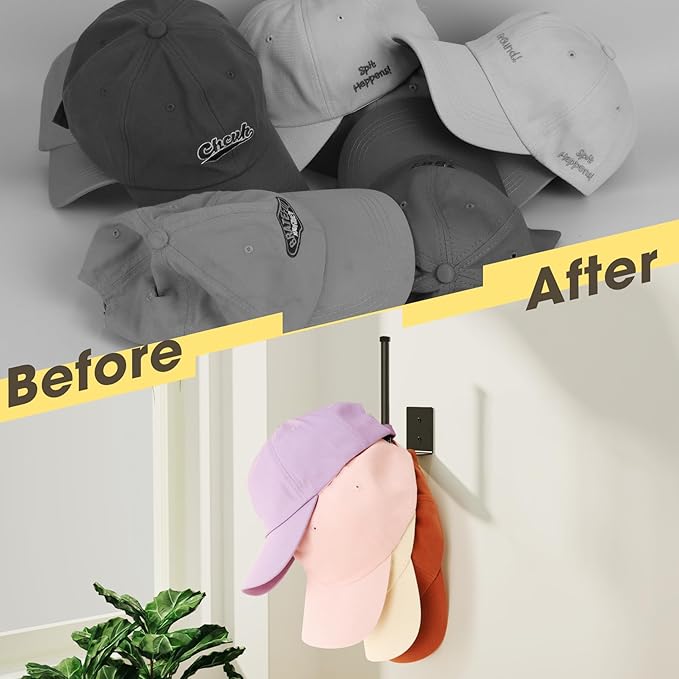 6 Pack Hat Racks for Baseball Caps, Stainless Steel Hat Organizer for Baseball Cap, Hat Holder Storage Organizer, Hat Hanger Strong Adhesive/Wall Drilled for Door, Bedroom, Closet(Black 6 in)