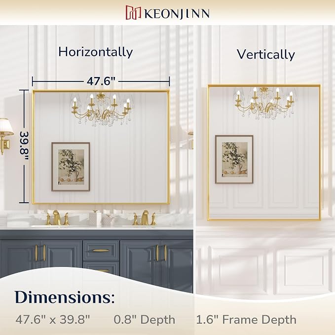 Keonjinn Gold Bathroom Mirrors 48” x 40” Rectangle Wall Vanity Mirror Large Metal Framed Brushed Gold Mirrors Square Corner Farmhouse Mirror for Over Sink(Horizontal/Vertical)