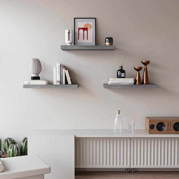 Upassion Floating Shelves for Wall Set of 3, 16" Gray Wall Shelves for Home Decor, Frame Display Floating Shelf for Living Room, Bedroom, Bathroom, Kitchen