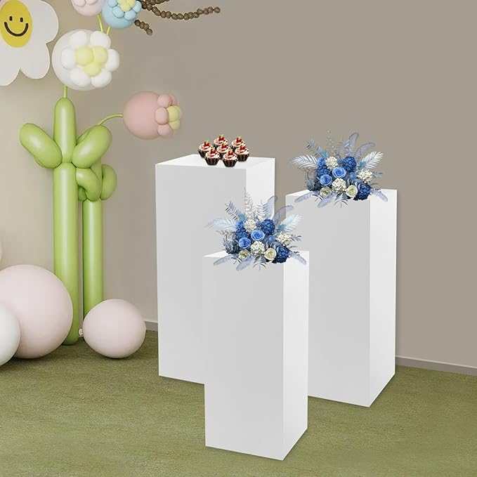 3 PCS Display Pedestal Stand, Metal Display Pedestal Stands Decoration Cube Sculpture Displays Column Square Displays Stands Pillars for Wedding Party Baby Shower Birthday (White, 3PCS)