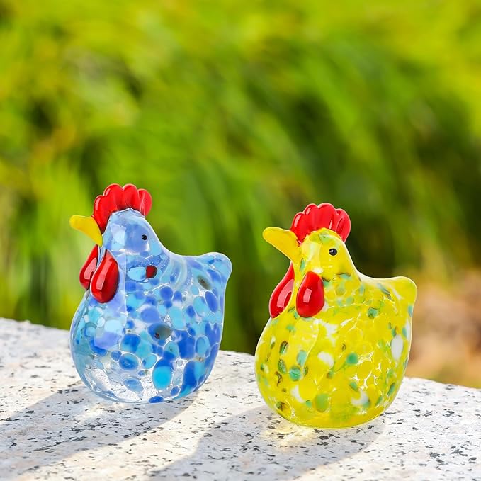 LONGWIN 2PCS Mini Glass Chicken Figurine Hand Blown Art Glass Rooster Animal Statues Collectible Figurines Unique Gift Home Decor Ornaments
