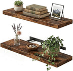Fixwal Wood Floating Shelves for Wall, 22" Long Wall Mounted Shelves for Living Room, Bedroom, Bathroom and Kitchen, Wall Shelves for Storage, Books, Room Decor (Rustic Brown, Set of 2)