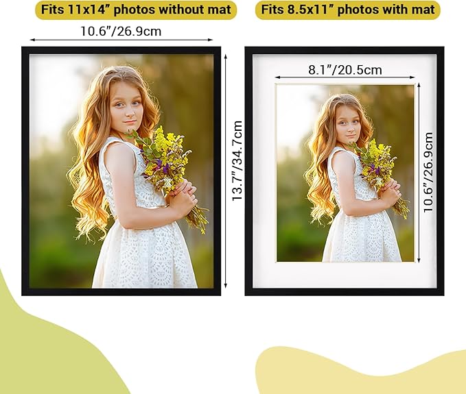 Rempry 11x14 Picture Frame, Display 8.5x11, 8 1/2x11 Certificate Document Award with Mat or 11x14 Without Mat, Wall Gallery Photo Frames, Black, 1 Pack