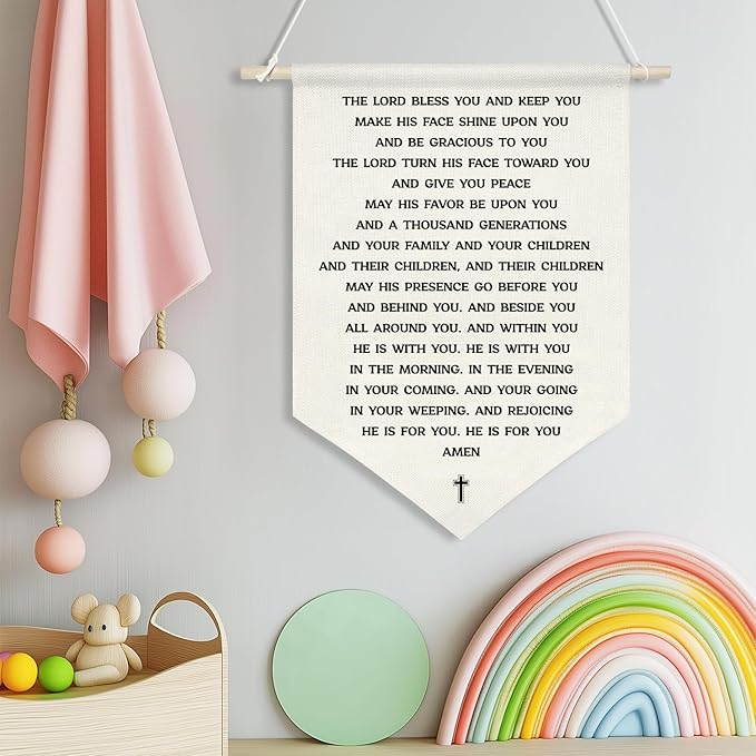The Lord Bless You Scripture Wall Hanging Banner,Christian Canvas Poster with Wooden Rod, Bible Verse Wall Art for Blessing Home Decor, Faith Gift for Women, Family, or Church, 11x16 Inch (KD12)