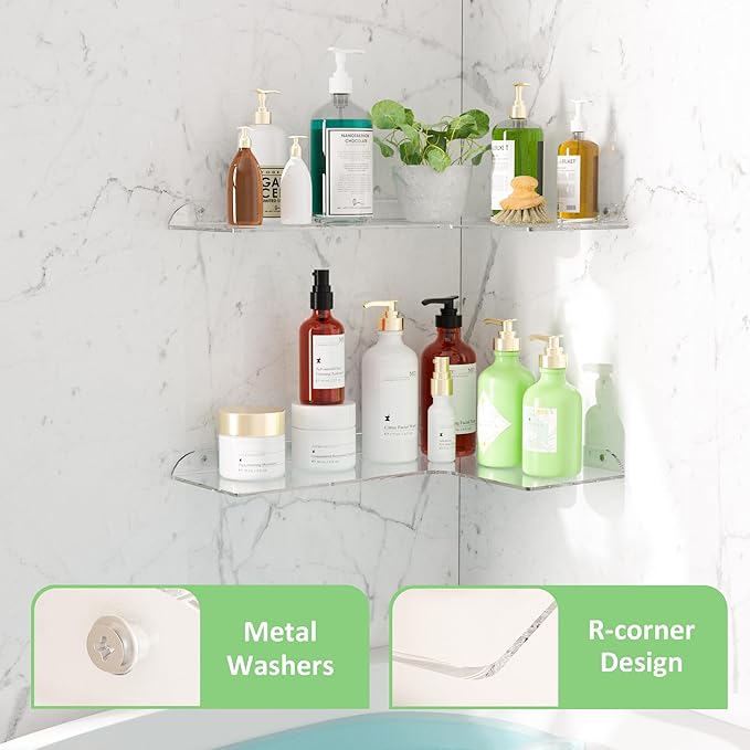 Sezanrpt 11.4x16 Inch Acrylic Corner Floating Shelf Set of 2, Clear Corner Wall Shelf for Home Décor, Speakers, Security Cameras, Toileries, Plants, Figures, Cosmetics, Books