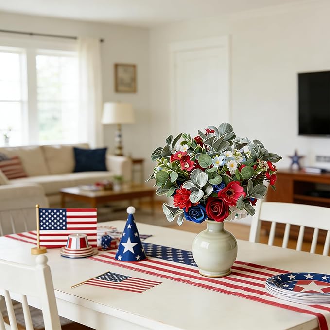 Idyllic 6 Pcs Red White & Blue Patriotic Floral Stems, Artificial Roses Hydrangeas Daisies for 4th of July, Memorial Day Wreath & Holiday Decor
