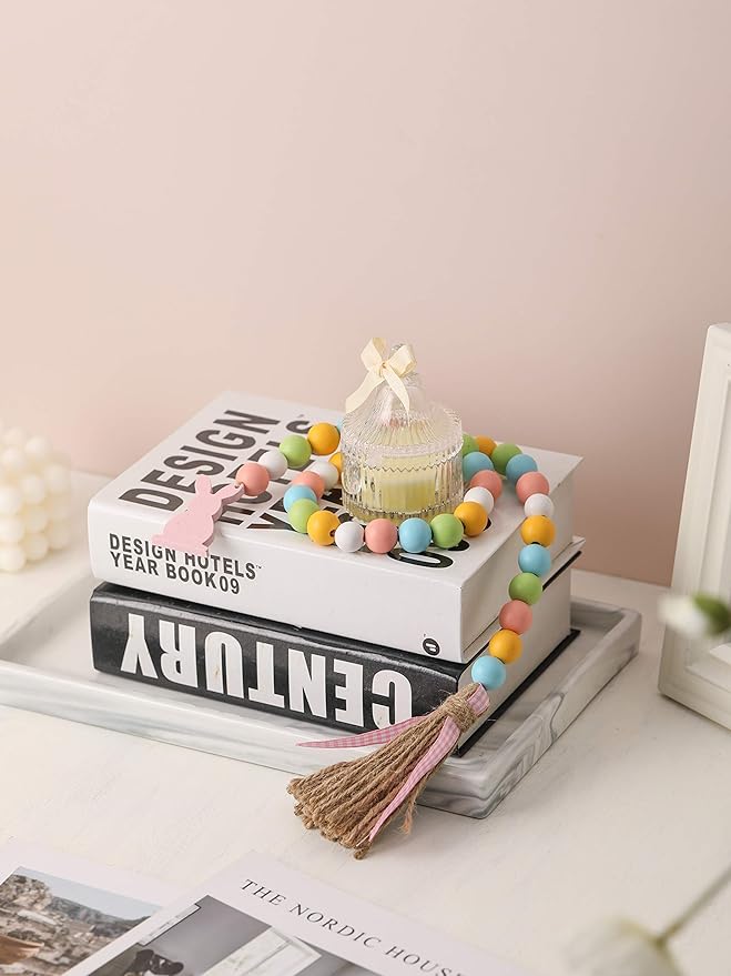 Easter Spring Wood Beaded Garland with Tassels and Bunny Tag Farmhouse Wooden Beads for Tiered Tray Decorations Holiday Country Rustic Prayer Boho Beads Rae Dunn Shelf Décor (Easter Bunny Pink)
