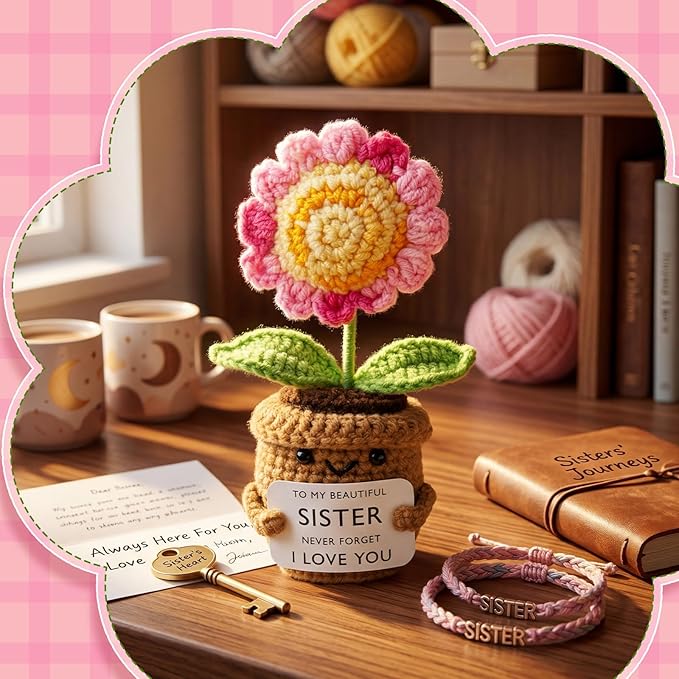 Wavwavw Sister Gifts Handmade Crochet Doll with Card Crochet Present for Sisters Sis Big Little Sister Birthday Wedding Home Decor (Pink Sunflower)