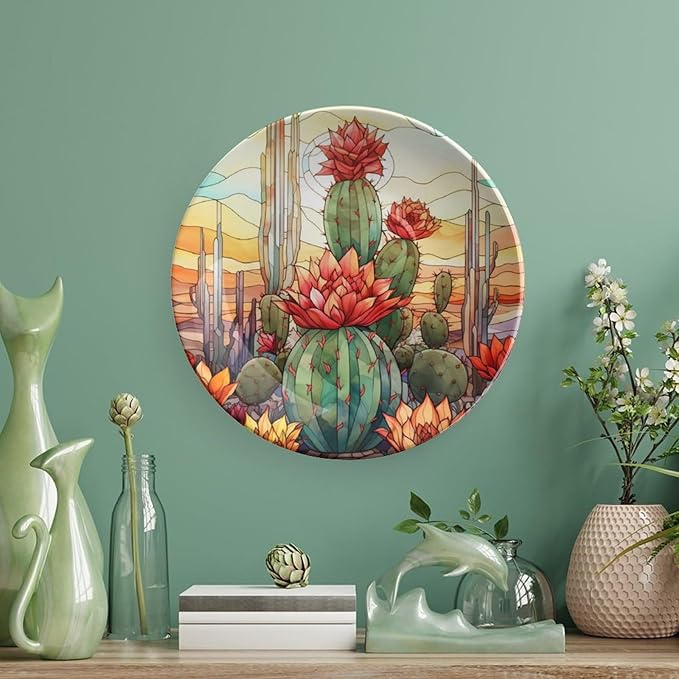 Cactus & Colorful Sky Stained Glass Design Decorative Plates Home Decor Ceramic Plates, Dinner Plates Display for Living Room, Kitchen, Hallway Console Side Table, Presents for Cactus Lover, 6 Inch