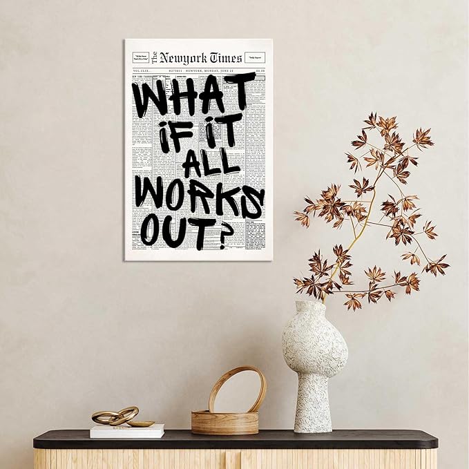 Drimiler Retro Black And White Newspaper Poster What If It All Works Out Canvas Wall Art Positive Affirming Quote Minimalist Prints Painting For Home Bedroom Dorm Wall Decor 12x16in Wframed