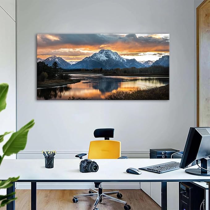 Extra Large Mountain Wall Art for Living Room Sunset Nature Grand Teton Wall Decor National Park Posters Wyoming Snake River Landscape Canvas Prints Artwork for Bedroom Office Home Decoration 35x70"
