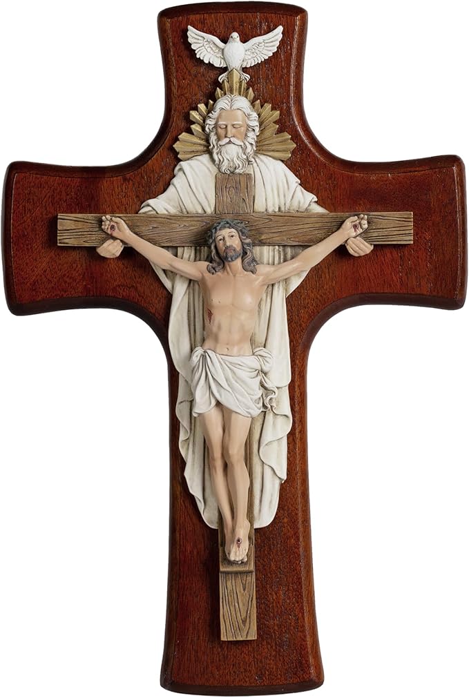 Grace4Joy Holy Trinity Wall Cross, 12 Inches Holy Trinity Crucifix Catholic Home Decor, Hand-Painted Resin Jesus on Wooden Crucifix Religious Housewarming Gifts