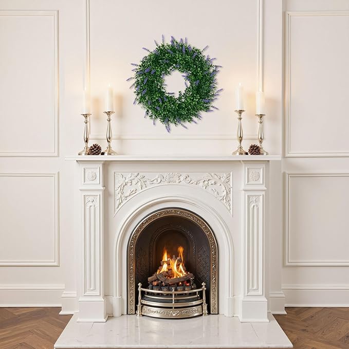 SHACOS Lavender Greenery Wreath 17" Artificial Boxwood Front Door Wreaths for Home Wall Window Farmhouse Decoration 100% Plastic Indoor Outdoor