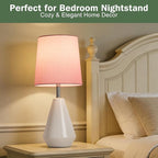Small Bedside Table Lamp for Bedroom - Reading Desk Lamp with 3 Color Temperatures，15.5" Nightstand Ceramic Lamp with Fabric Shade for Kids Room,Living Room,Dorm,Home Office (White+Pink