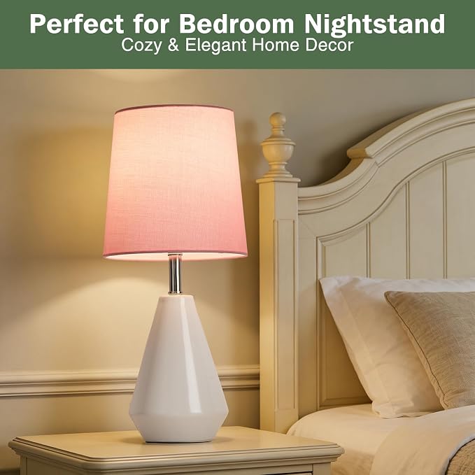 Small Bedside Table Lamp for Bedroom-Reading Desk Lamp Set of 2,with 3 Color Temperatures,15.5" Nightstand Ceramic Lamp with Fabric Shade for Kids Room,Living Room,Dorm,Home Office