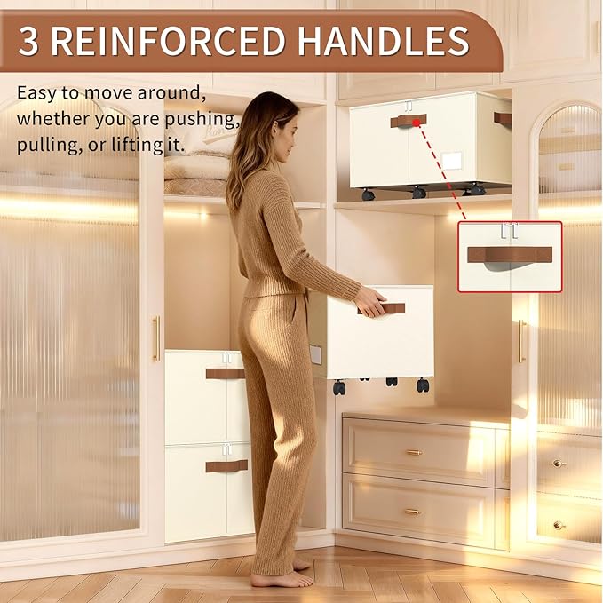 Shoe Organizer for Closet, Shoe Storage Organizer with Wheels and Adjustable Dividers, Stackable Shoe Storage Box with Clear Cover, Foldable Closet Shoe Organizer Fits up to 24-48 Pairs, Beige